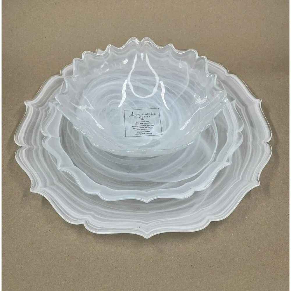 Artistic Accents Turkish Glass 4 Plates Set Entrée Dinner White Swirl 11